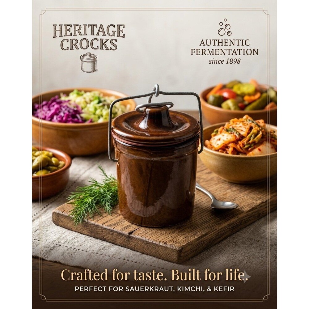 Heritage Crocks 1L Ceramic Fermentation Crock with Lid, Brown Solid Traditional